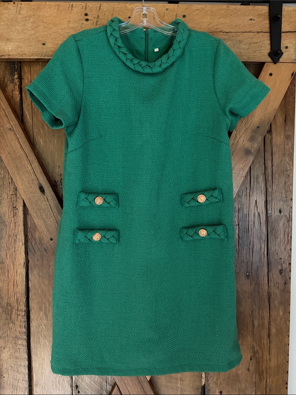 Woman’s Small Green Short-Sleeve Textured Dress with Decorative Buttons